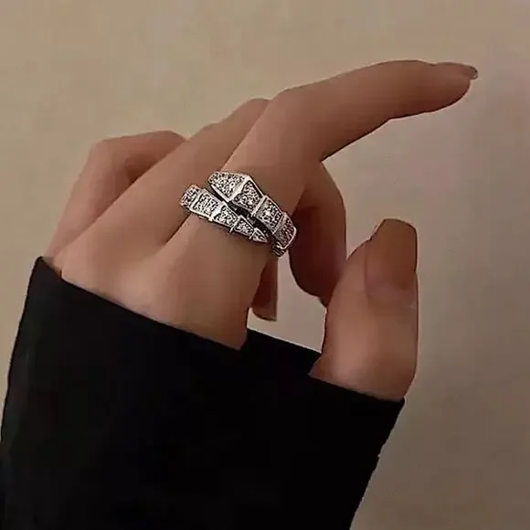 Silver Zircon Snake Bangle Bracelet Ring Set, Luxury - Picture 5 of 8